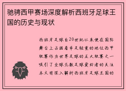 驰骋西甲赛场深度解析西班牙足球王国的历史与现状